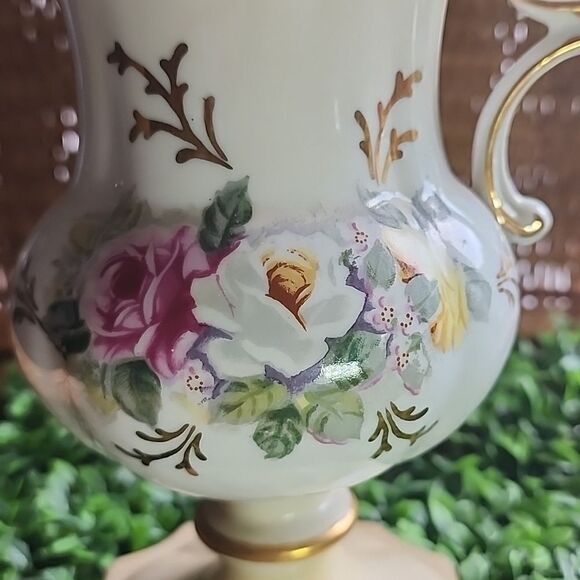 Vintage Porcelain Floral Pitcher Vase With Gold Tone Accent Coquette Bridal - Picture 10 of 17